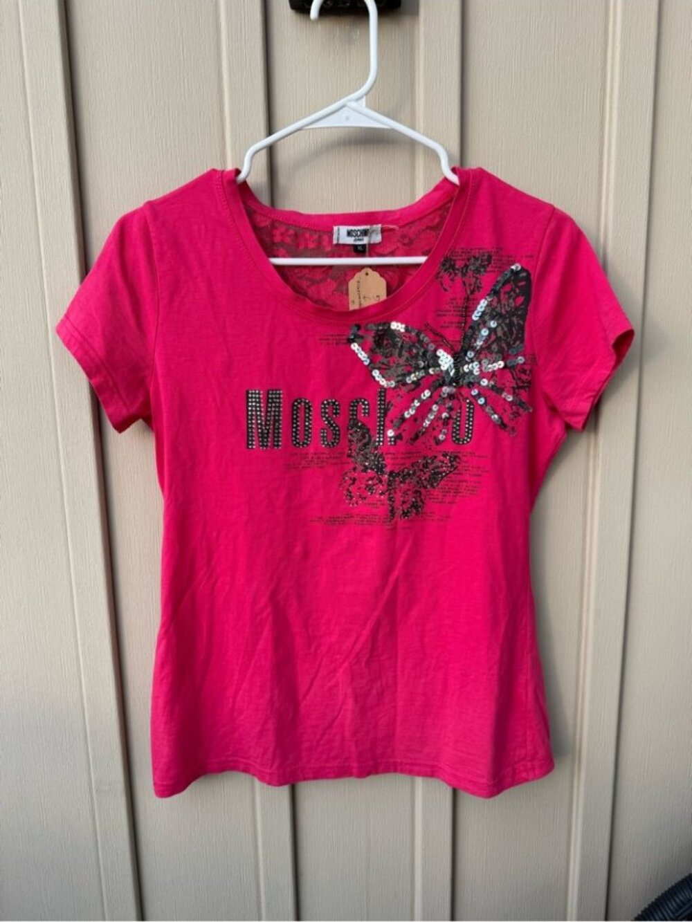 Moschino Jeans Y2K Italy Hot Pink Butterfly Sequin Tee - Picture 1 of 6